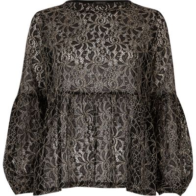 Black and white lace tiered smock top